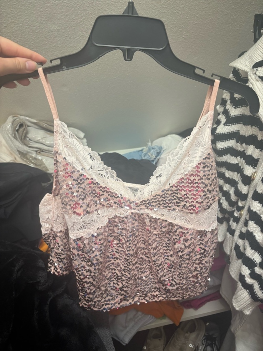 Pink Sequin Free People Lace Cami Top